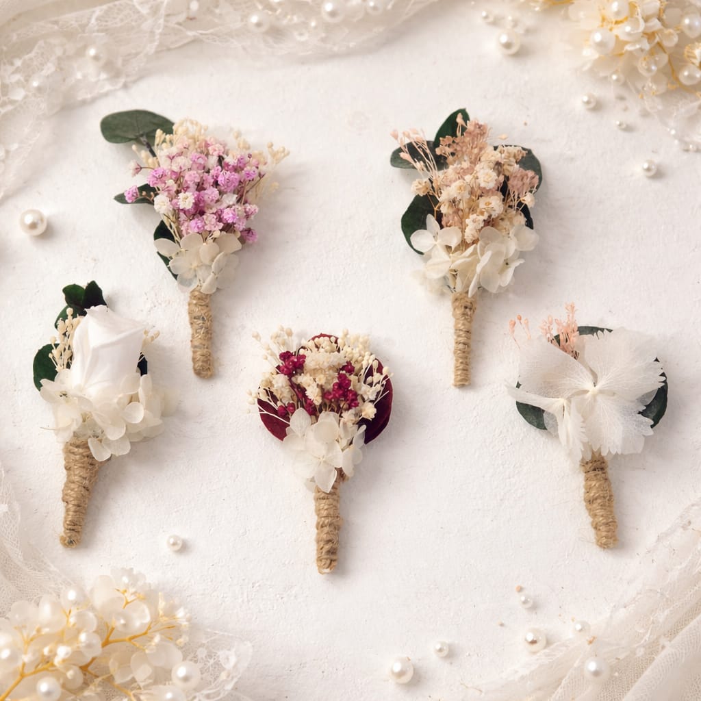 Prendido de boda con flores preservadas