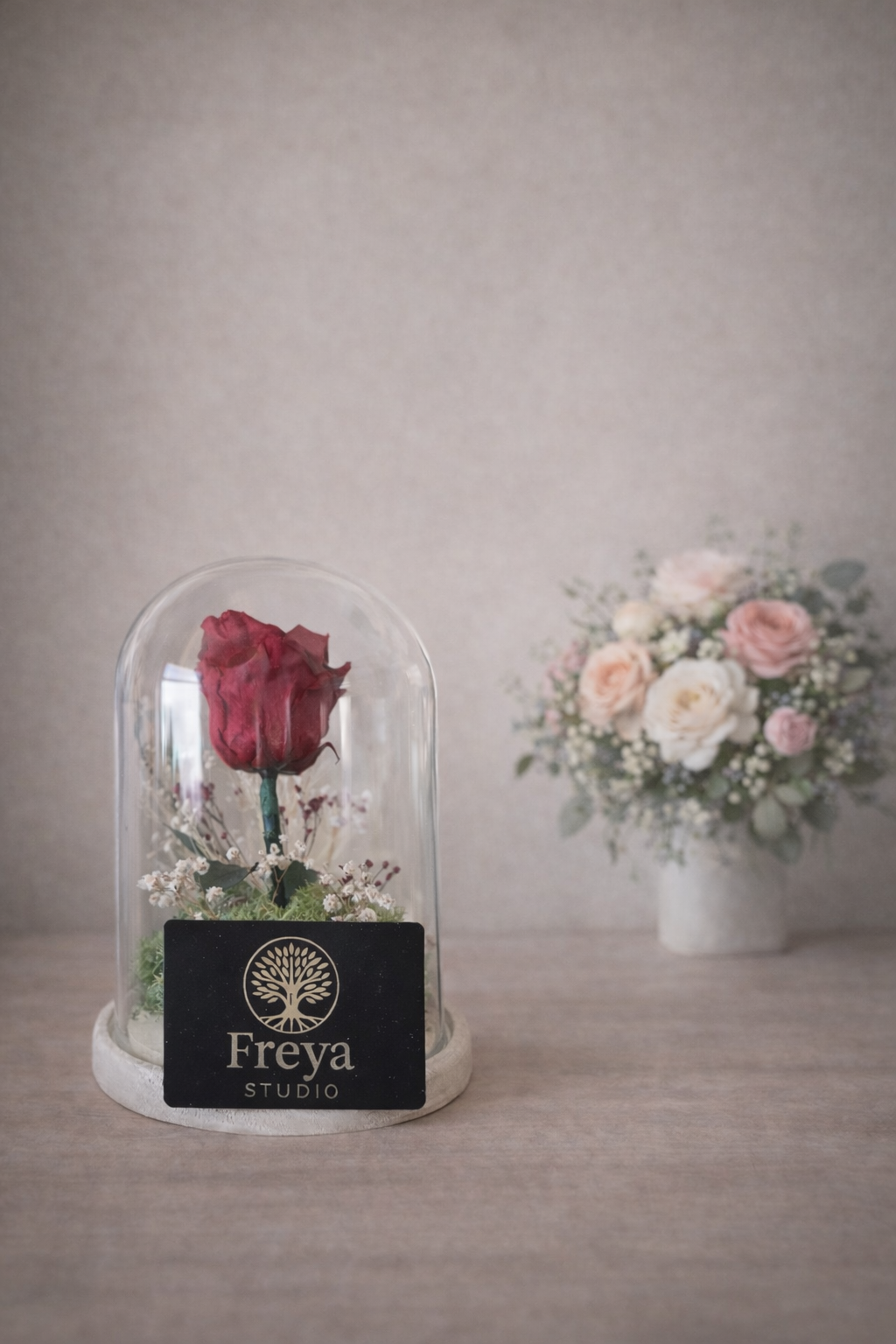 Rosa preservada roja en cúpula de cristal con base de madera y logotipo de Freya Studio, regalo elegante y decorativo.