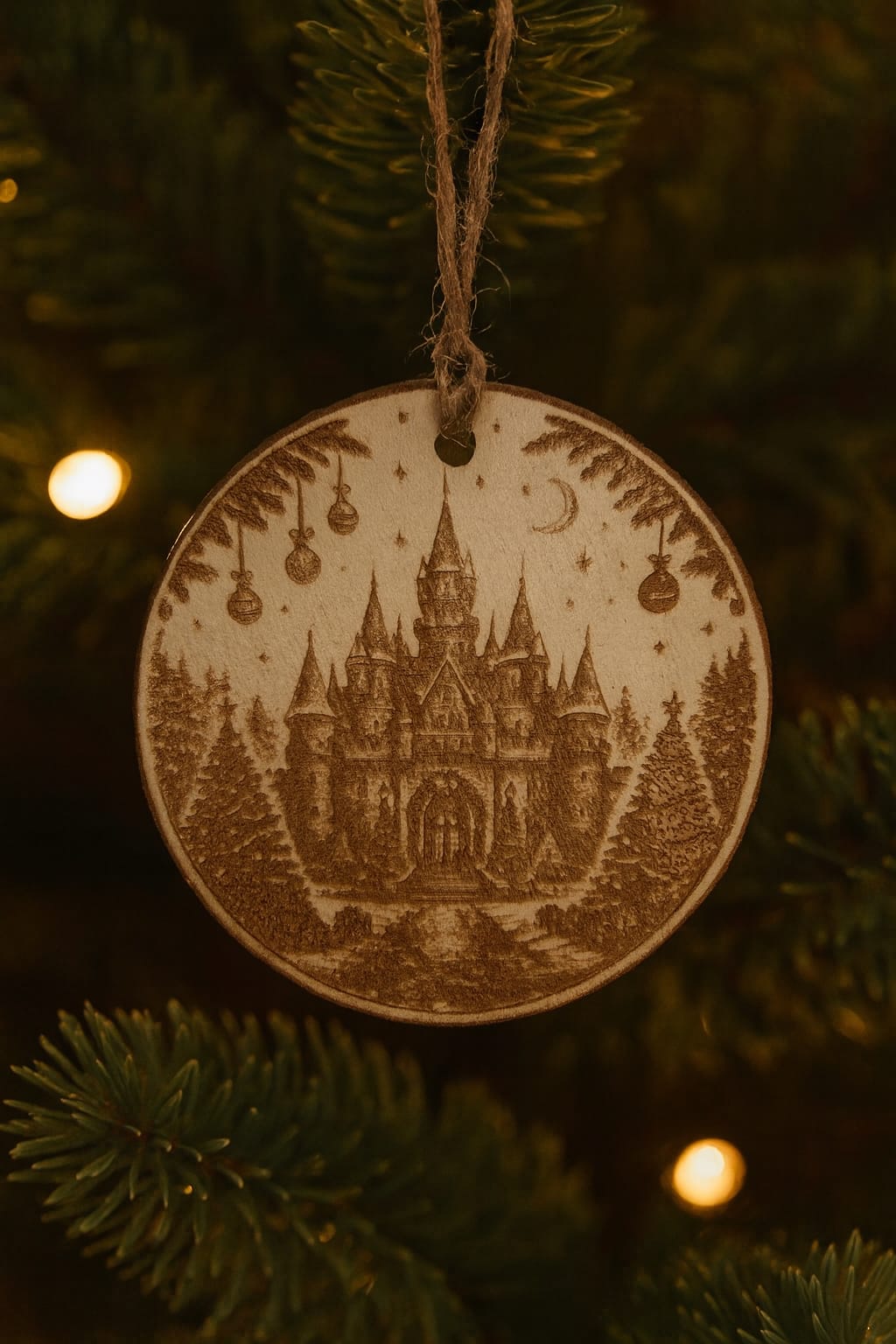 Adorno de Navidad de madera grabado con castillo invernal para decoración navideña