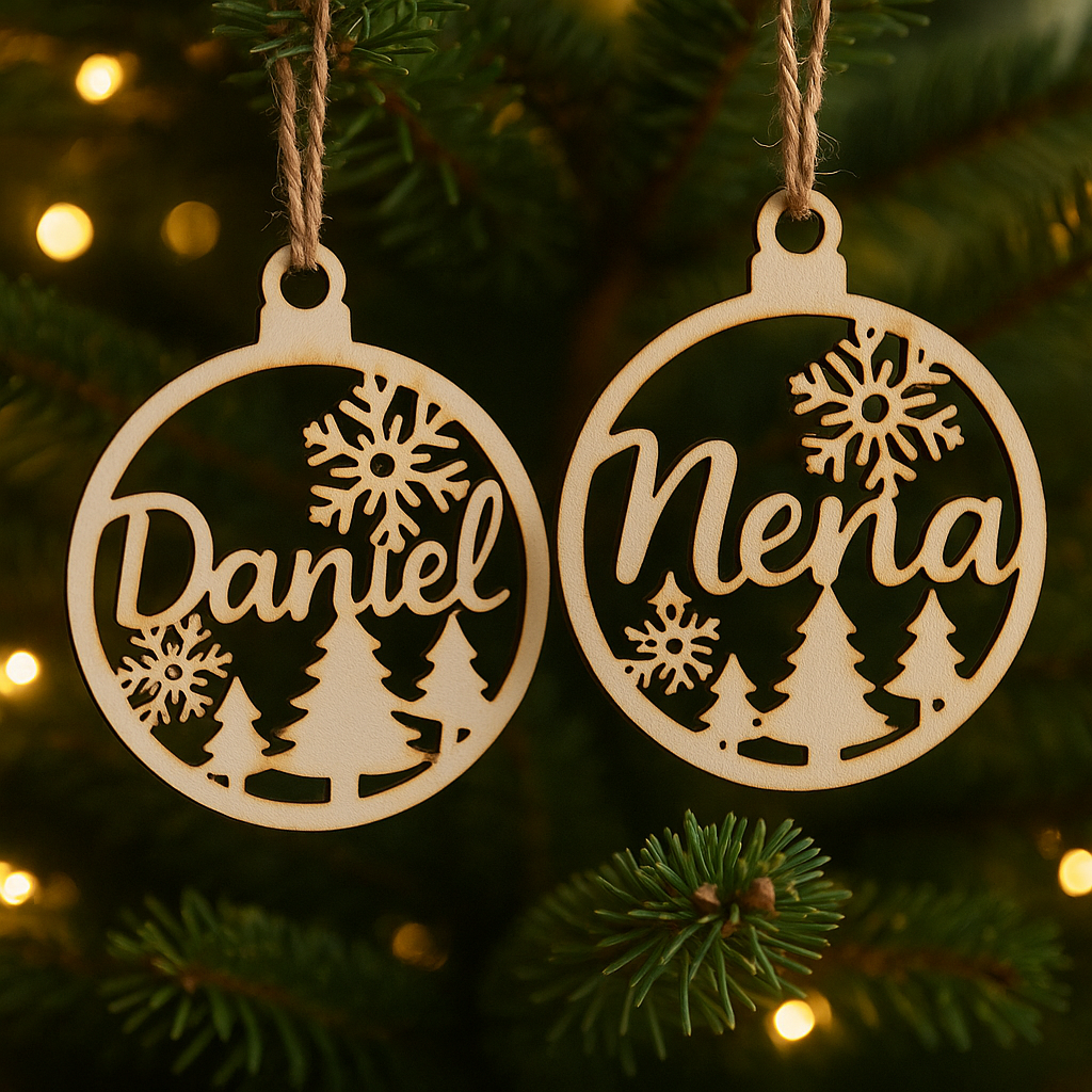 „Adornos de Navidad de madera personalizados con nombres y copos de nieve colgantes“