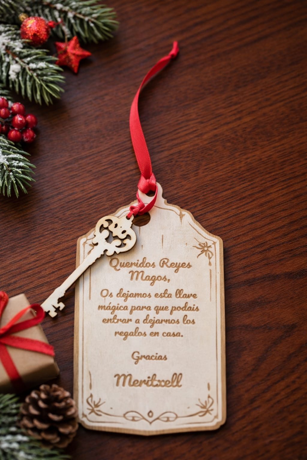 Llave mágica de los Reyes Magos personalizada en madera con mensaje grabado para Navidad