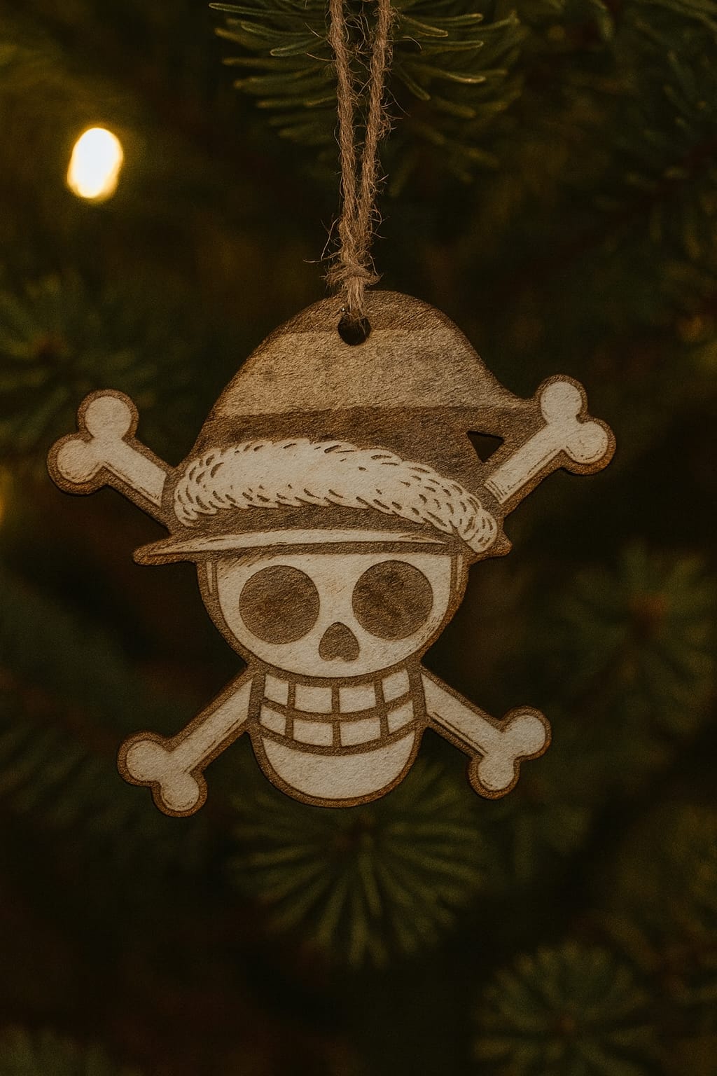 Adorno navideño de madera grabado inspirado en One Piece con calavera pirata para decoración de Navidad
