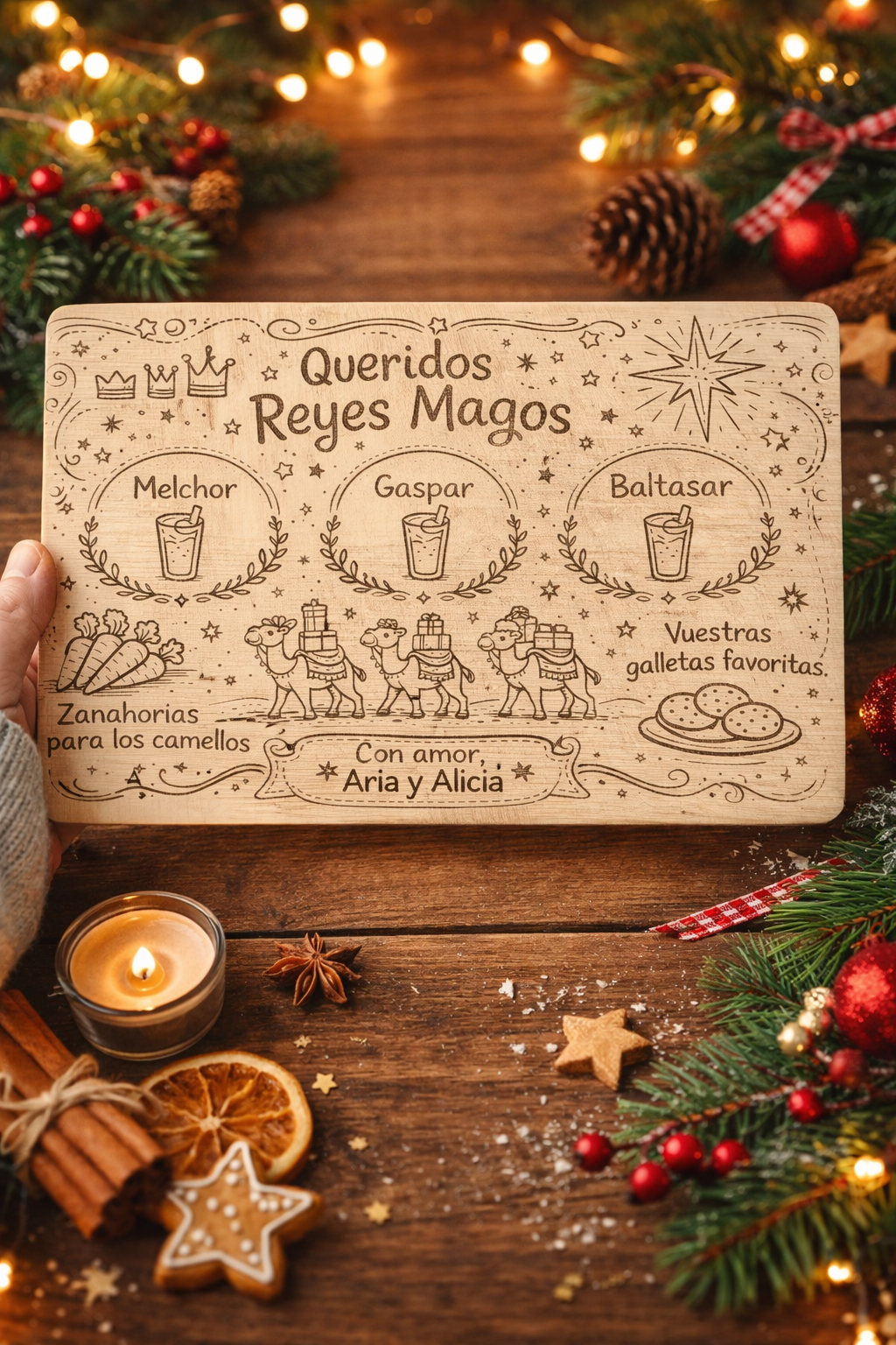 Tabla de madera personalizada para los Reyes Magos con nombres y mensaje grabado para Navidad