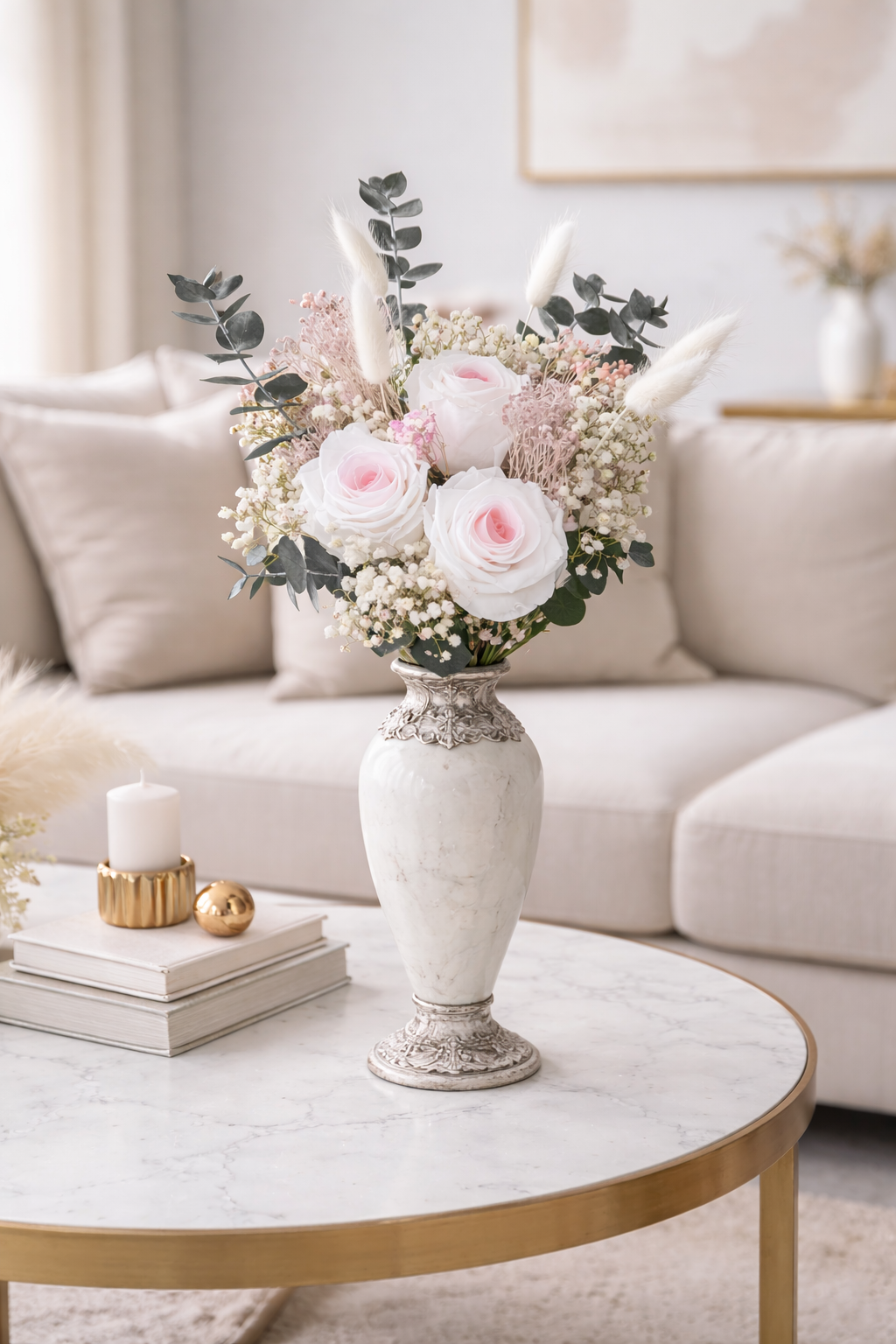 Ramo “Élise” – Rosas preservadas en tonos blancos y rosados