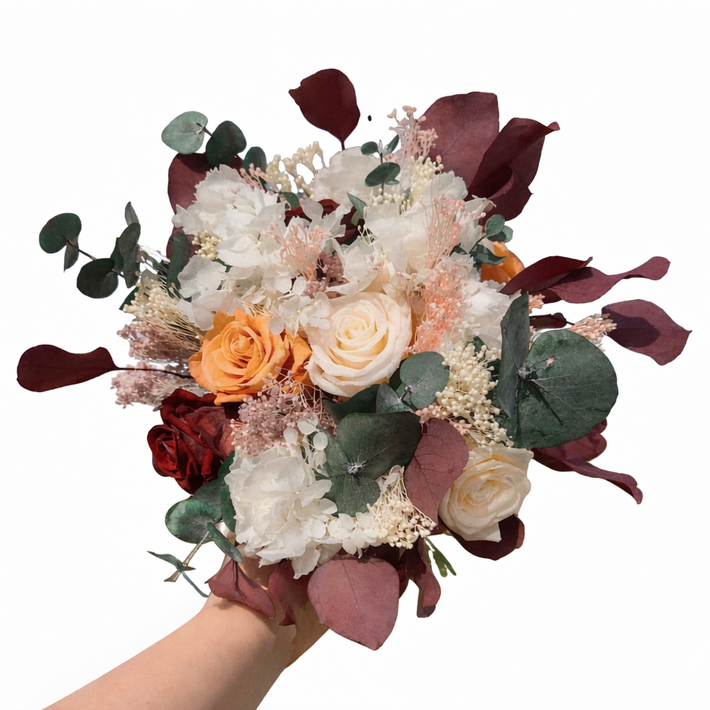 Ramo preservado Serena con flores en tonos cálidos y naturales