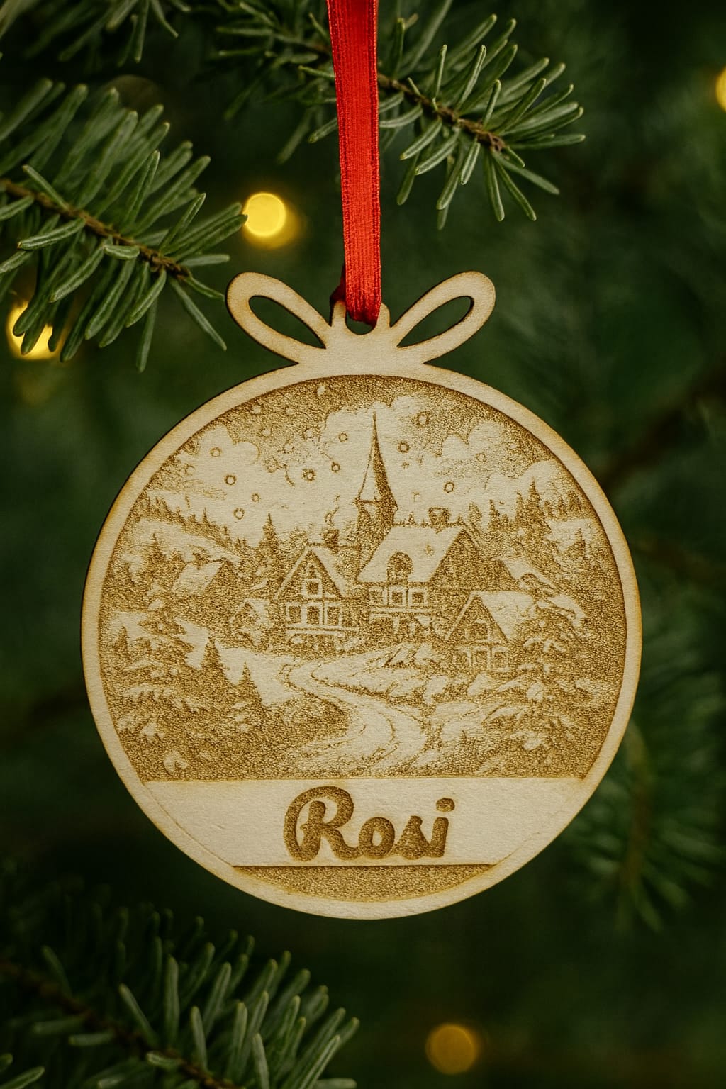 „Adorno de Navidad de madera personalizado con paisaje de pueblo invernal y nombre grabado“