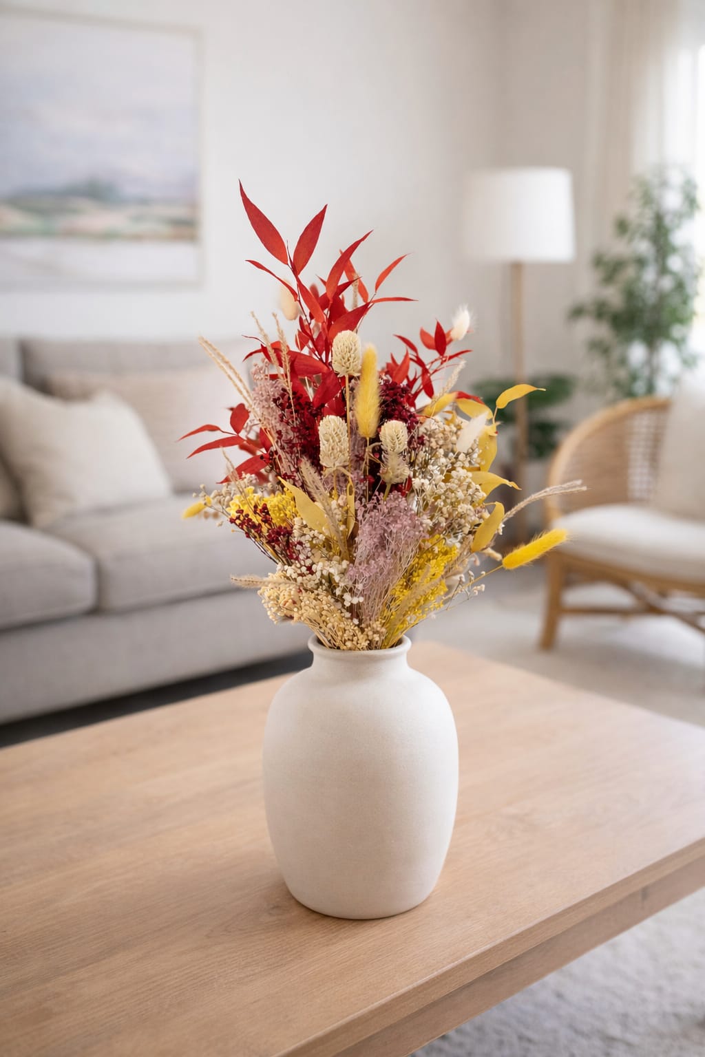 Ramo “Alegría” – Flores preservadas en tonos rojos y amarillos