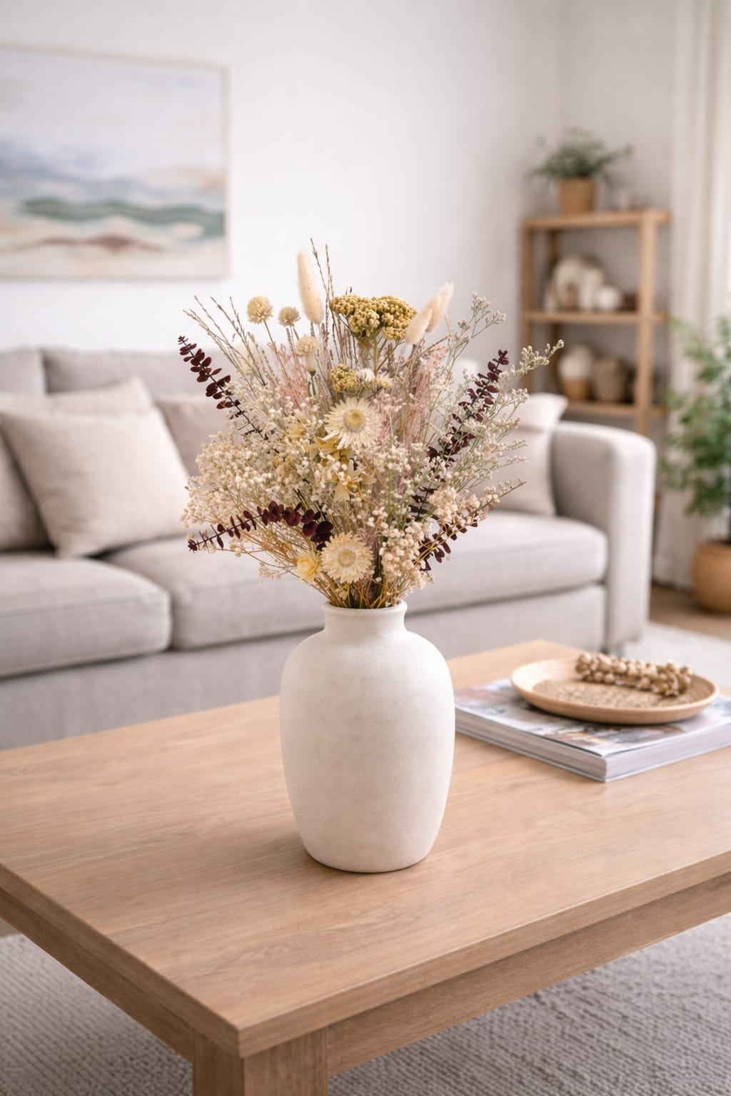 Ramo “Bordeaux” con flores secas y eculipto preservado rojo oscuro