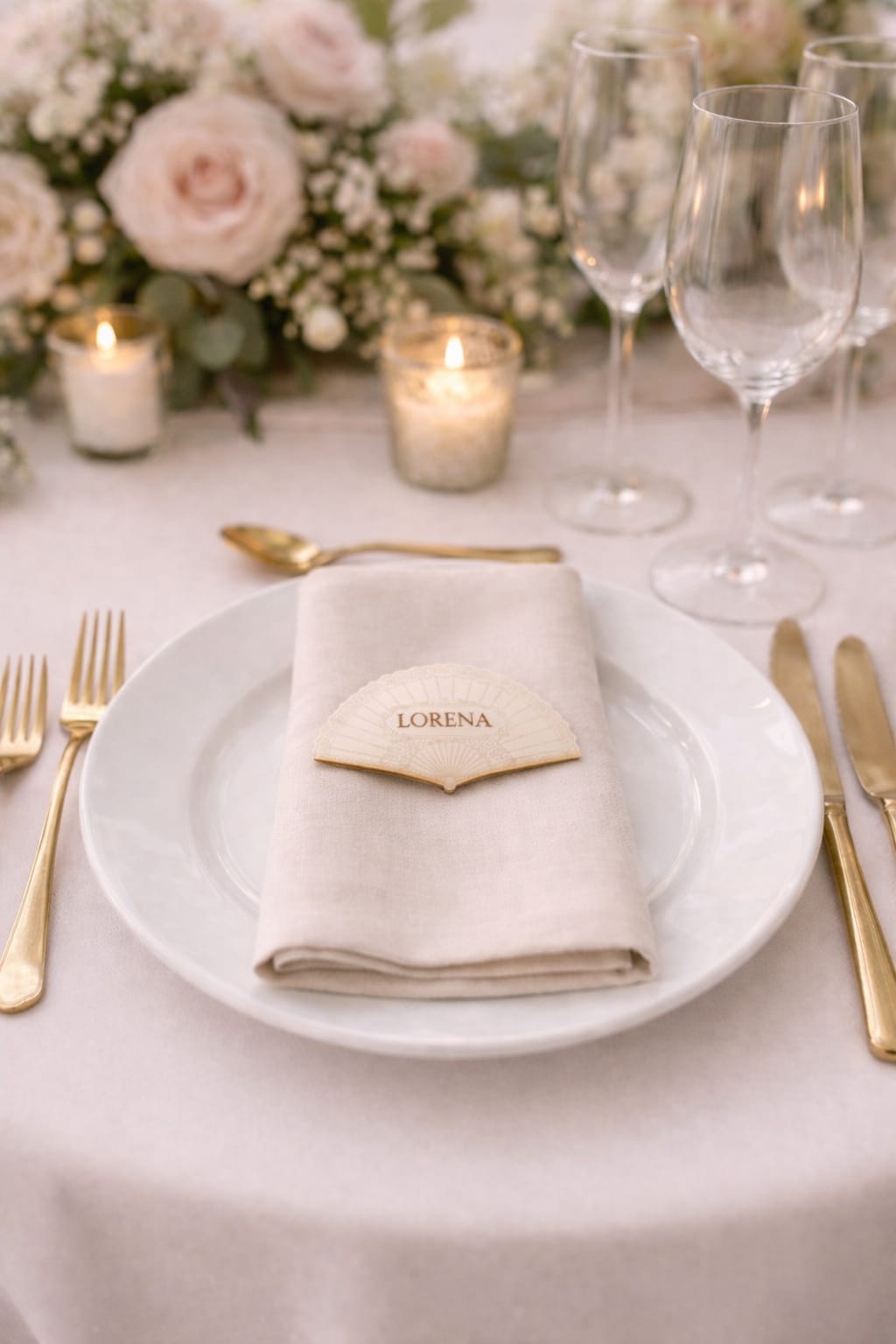 Marcasitios de madera personalizados con forma de abanico para decoración de mesas de boda