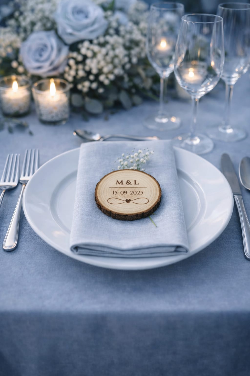Recuerdo de boda en madera natural personalizado para mesas de invitados