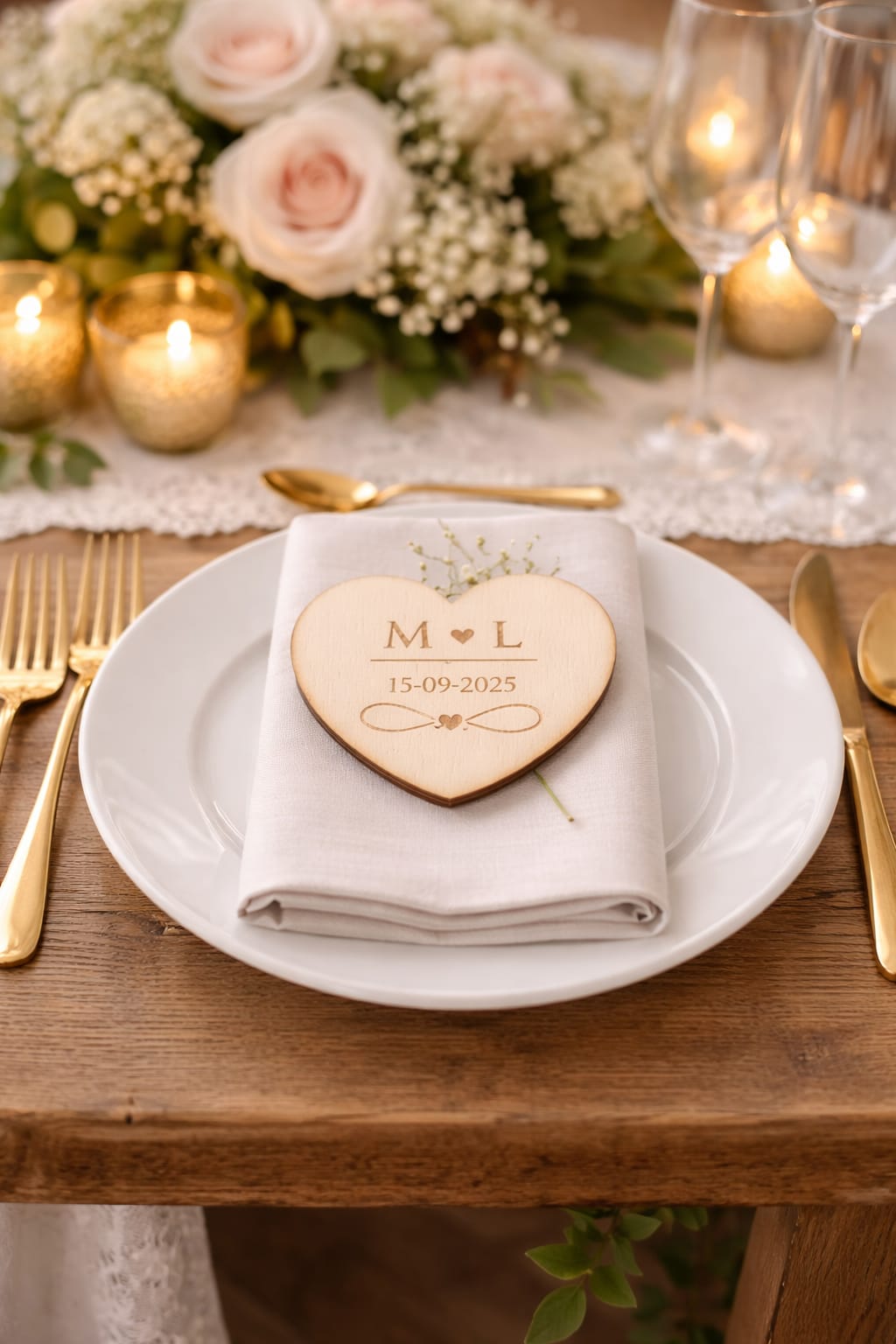 Corazón de madera personalizado con iniciales y fecha grabadas – regalo romántico