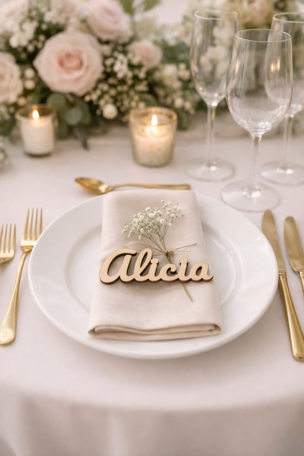 Marcasitio con nombre en madera personalizado para mesa de boda