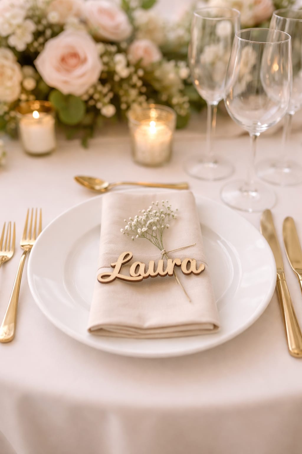 Nombres de invitados en madera personalizados para decoración de mesas de boda