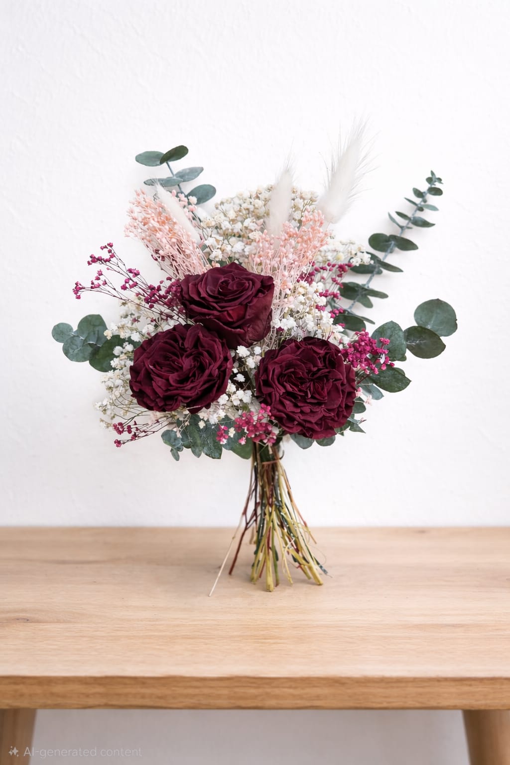 Ramo con 3 rosas románticas eternas burdeos – flores preservadas