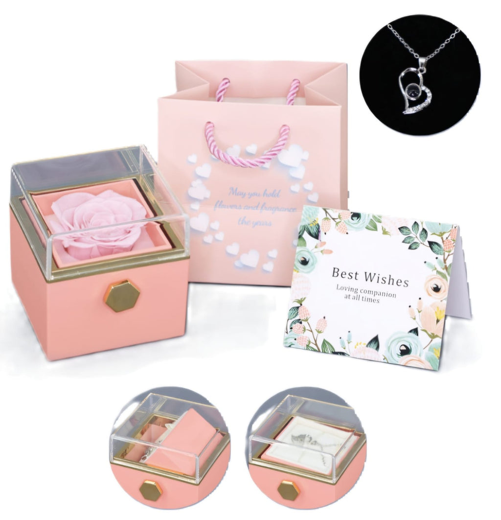 Set de regalo con rosa preservada rosa en elegante caja, incluye bolsa de regalo, tarjeta “Best Wishes” y collar en forma de corazón, regalo romántico para San Valentín, aniversario o cumpleaños.