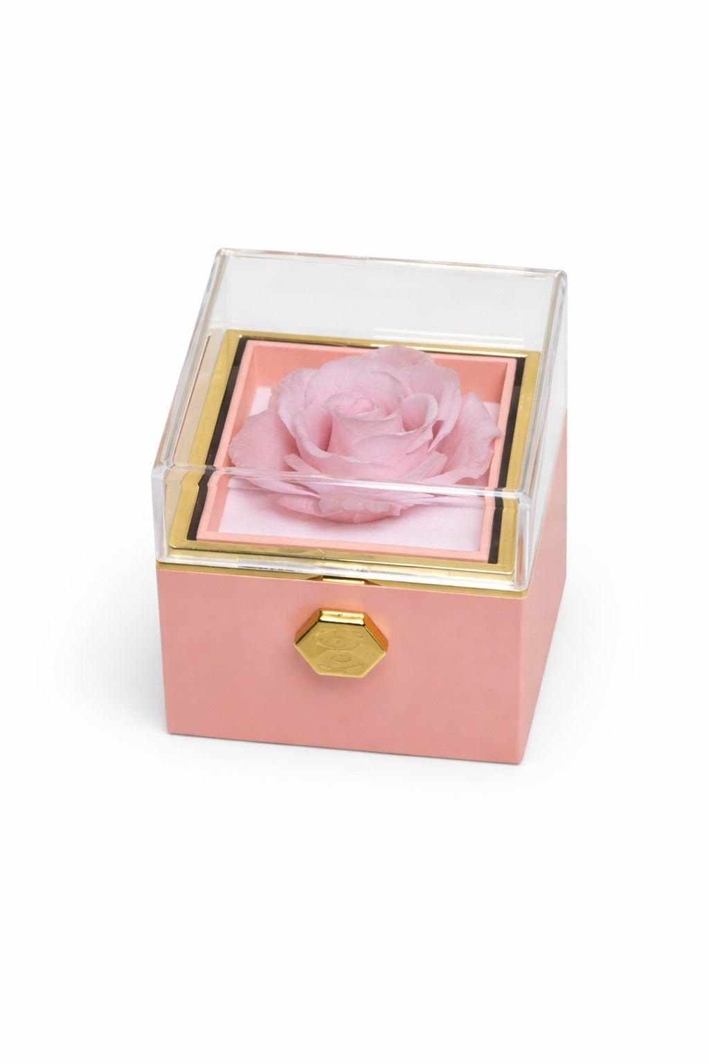 Rosa preservada rosa en caja elegante con tapa transparente y detalle dorado, regalo romántico para San Valentín, aniversario o cumpleaños.