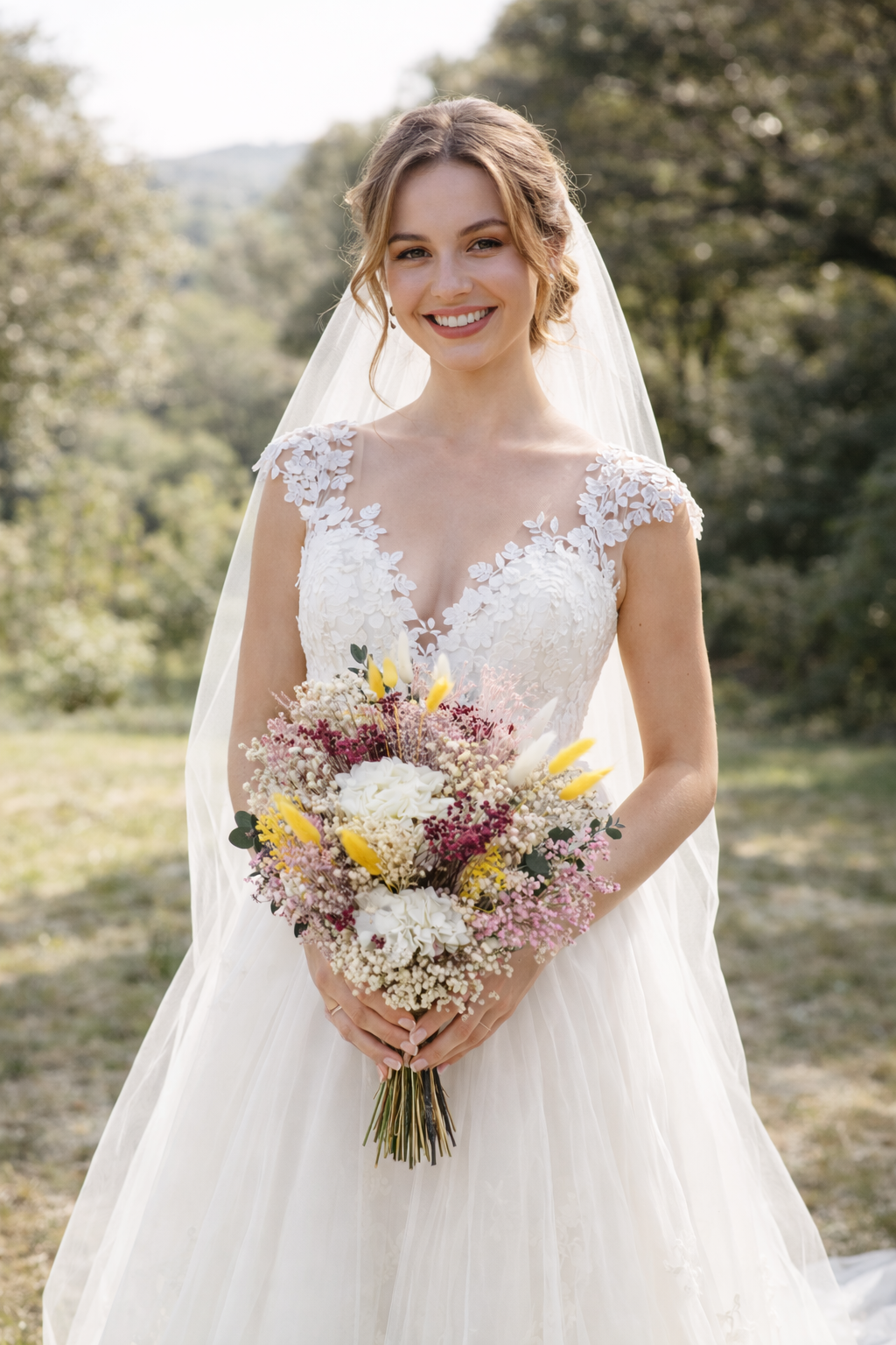Novia con ramo de flores preservadas estilo boho en boda al aire libre